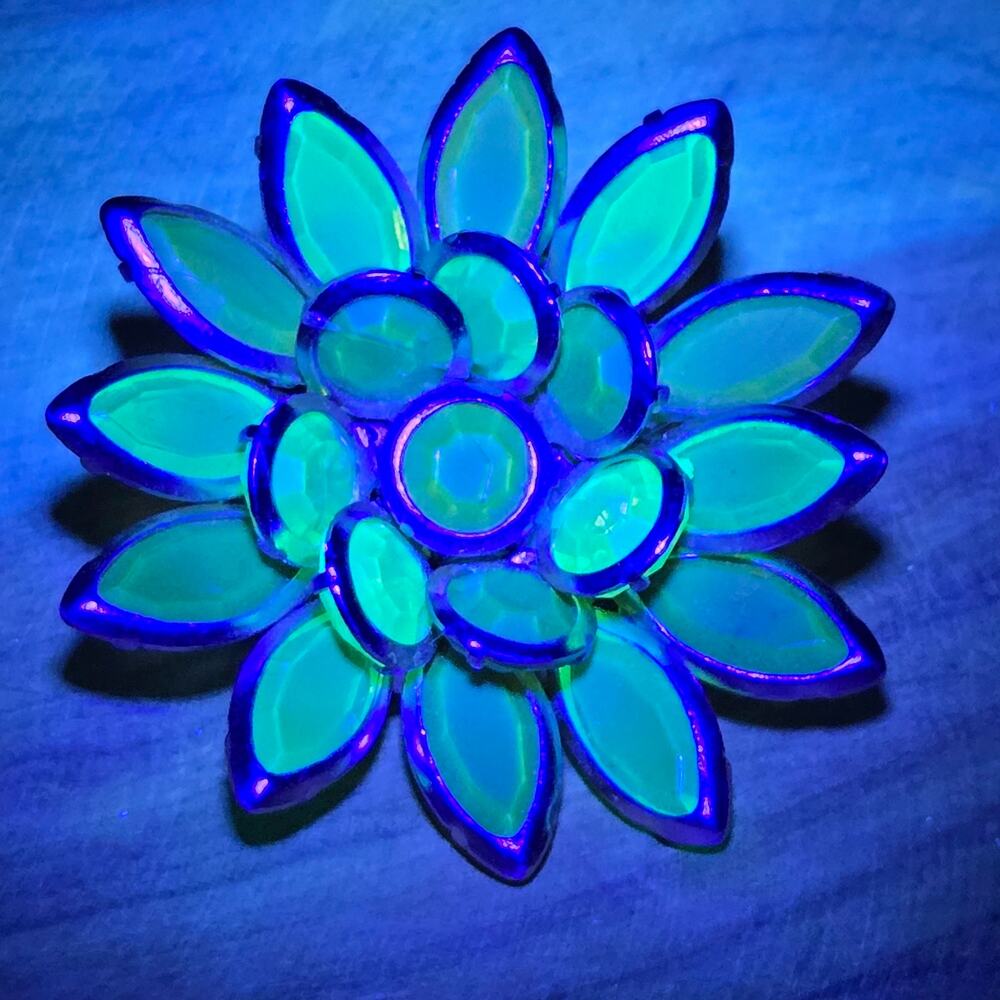 Vintage Uranium Glass Flower Brooch Green Rhinestone Tiered Costume Pin 1950s
